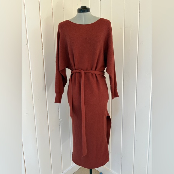 Lulus Rust Ribbed Dolman Sleeve Midi Sweater Dress Belted Burnt Orange - Picture 1 of 7